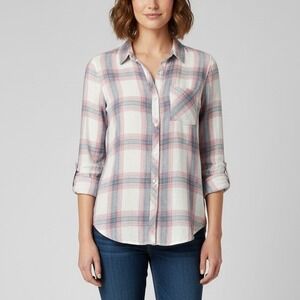 Rails Hunter Plaid Button Down Shirt White and Peony Pink Rayon Size Small